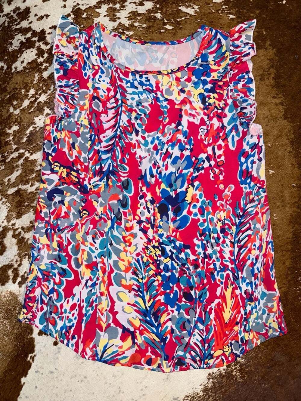Women's Size S Sleeveless Ruffle Trim Floral Print Blouse